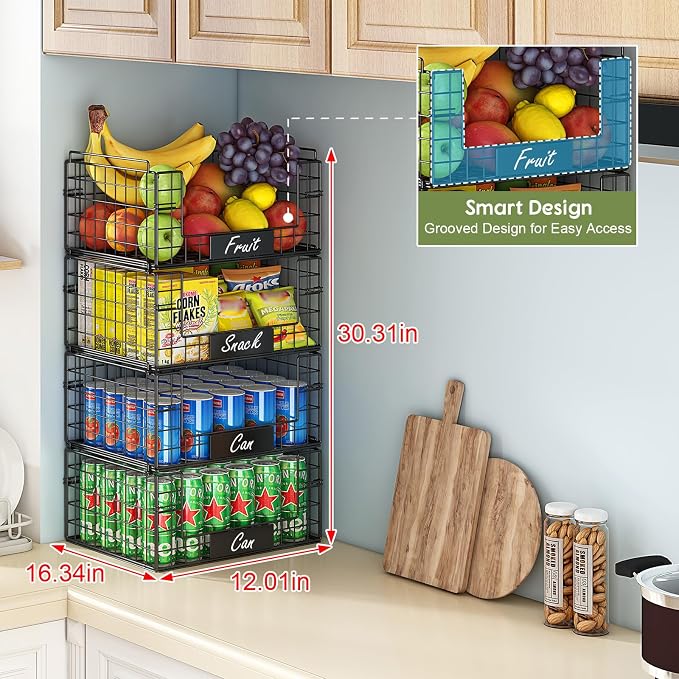 JKsmart 4 Pack XXL Stackable Wire Baskets for Pantry Organizers and Storage | Vegetable and Fruit Basket with Name Plates & Handles, Kitchen Pantry Organizer for Snack Can Fruit Veggies