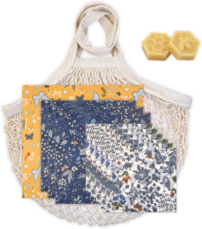 BYTTME Reusable Beeswax Wrap - 9 Pack Beeswax Wraps for Food, Eco-Friendly Beeswax Food Wraps, Bread Sandwich Wrapper - Reusable Food Storage Wrap Set with Flower Butterfly+Mesh Bag