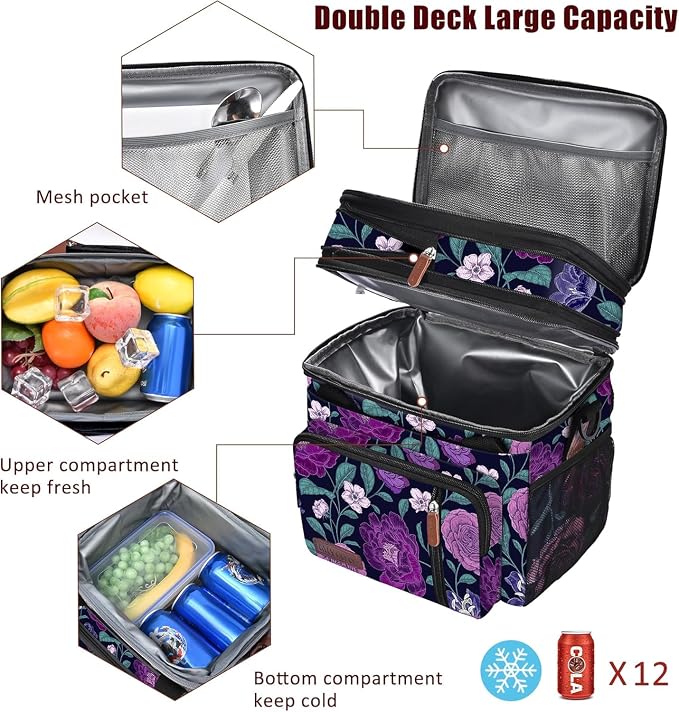 MIYCOO Lunch Bag for Women & Men, Expandable Double Deck Lunch Box, 15L | Leakproof & Waterproof, Portable, Large Soft Insulated Cooler bag for Adult, Work, Camping, Beach, Picnic, Travel