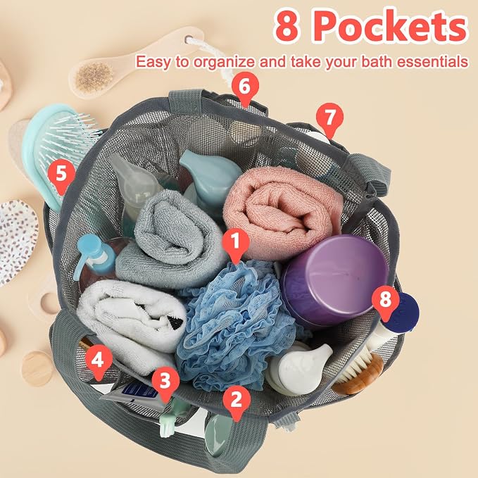Fammart Mesh Shower Caddy Portable for College Dorm Room Essentials, Odorless Polyester Large Shower Tote Bag with Dual Handles, 8-Pocket Quick-Dry Toiletry Organizer for Travel, Beach, Camping, Gym