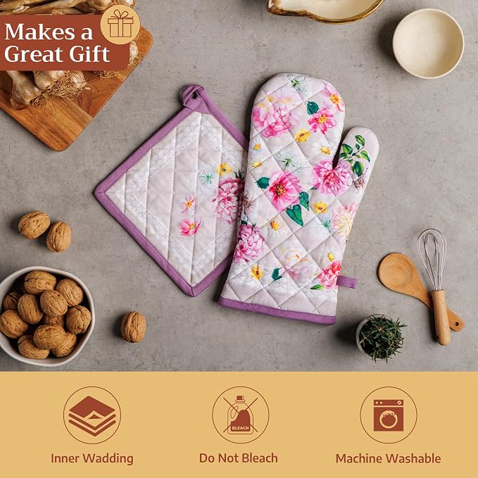 Maison d'Hermine Oven Gloves 100% Cotton Oven Mitt (7" x 13", Pack of 1) | With Loop Heat Resistant BBQ Cooking Gloves Baking Grilling Kitchen Handling Hot Pans Spring Summer - Pivoine