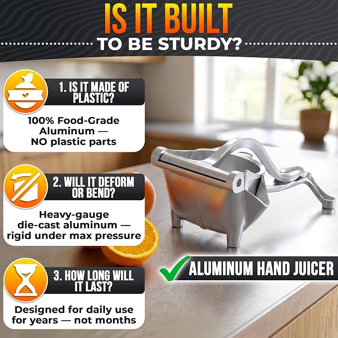 Hand Juicer Squeezer, Large 20 oz Aluminum Bowl with Pour Spout | Handheld Manual Citrus Press, Gets Every Drop Out of Lemon, Lime, Orange, Grapefruit, and Pomegranate Juice, Ergonomic Handle