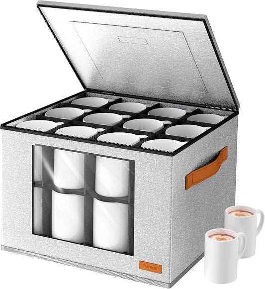 Foyego 2-Layer Coffee Mug Storage Box with Dividers, Cup and Mug Storage Organizer with Zipper Lid and Handles, Stackable Cup Organizer for 24 Coffee Mugs, Cups and Glasses, Light Grey
