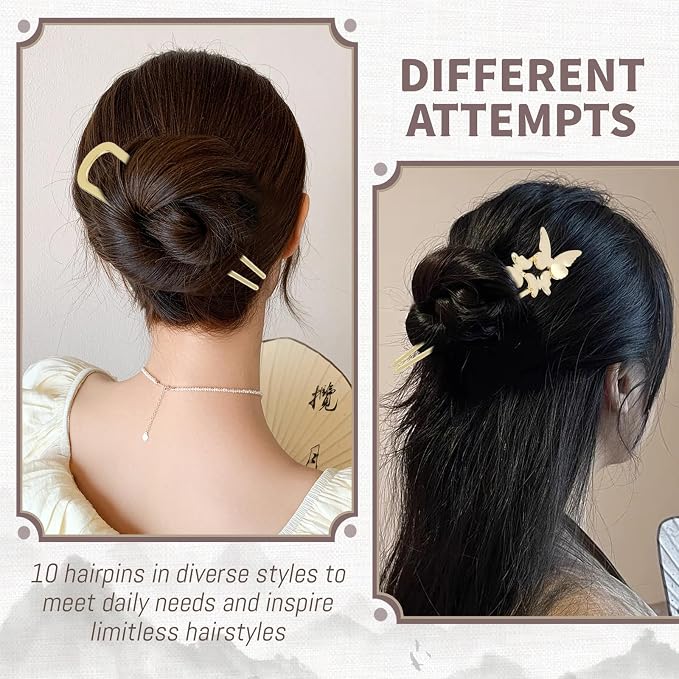 Lawie 10 Pack Cute Flower Butterfly U Shaped Gold Metal Hair Fork Pins Curved Chopsticks for Hair Sticks with Dangles French Hair Pins Bun Holder Decorative Hair Accessories for Women Girls