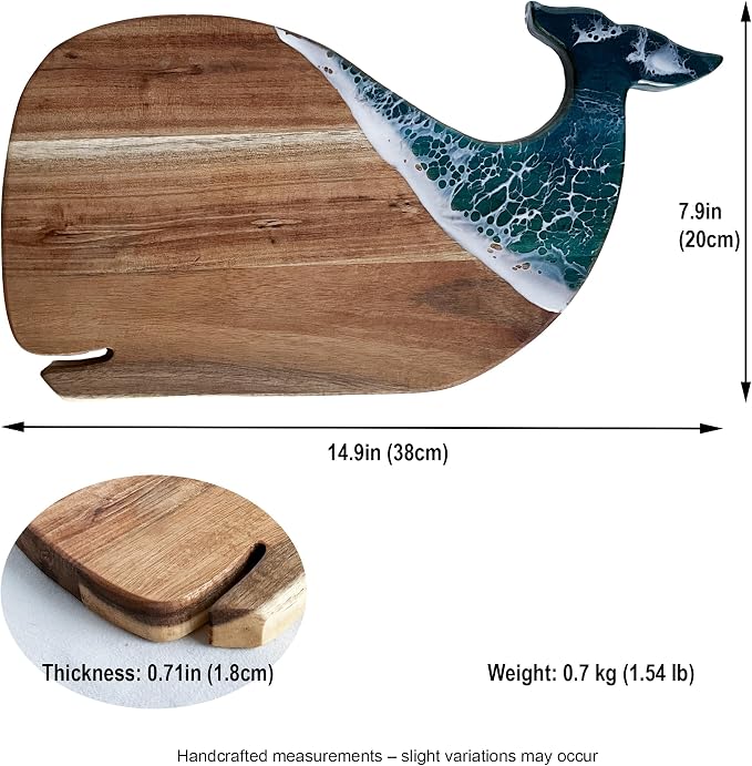 Whale Serving Board - Acacia Wood with Ocean-Inspired Epoxy (15" x 7.9"), Cute Charcuterie Cheese Tray, Unique Kitchen Décor, Cutting Board Gift for Women, Home or Party Use