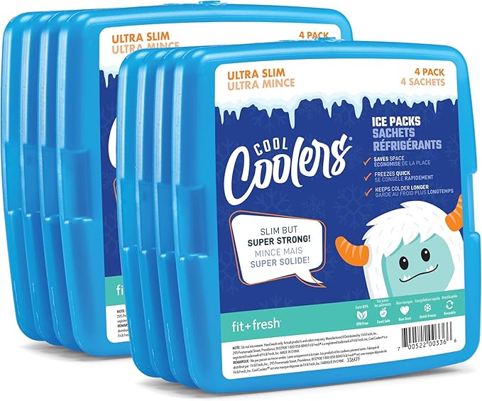 Cool Coolers by Fit + Fresh, 4 Pack Slim Ice Packs, Space Saving Reusable Ice Packs for Lunch Boxes or Coolers