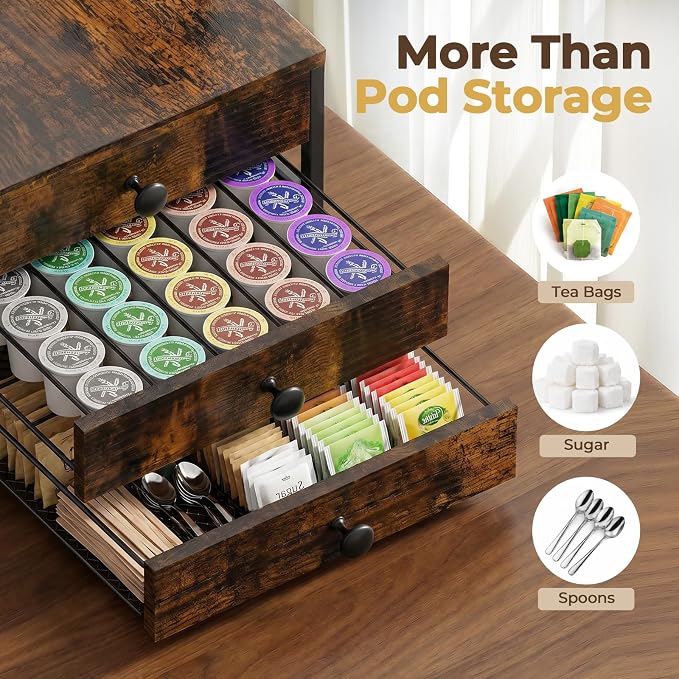 K Cup Holder Organizer for Countertop, 3-Drawer Coffee Pod Holder with 8 Removable Mug Hooks, Holds Up to 80 Pods, Coffee Station Organizer for Kitchen, Coffee Bar, Office