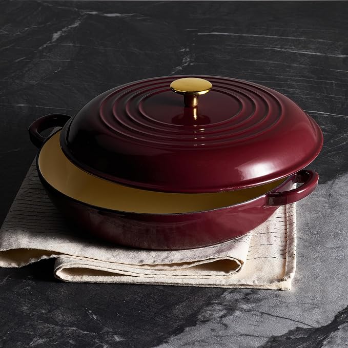 CAROTE 3.4QT Enameled Cast Iron Braiser Pan, Shallow Dutch Oven Casserole Skillets, Non-Toxic Cast Iron Pot with Lid for Grilling, Searing, Baking, Dual Handles, All Stovetop Compatible, Fig