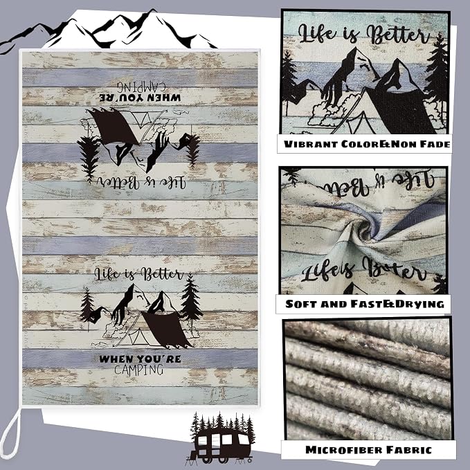 Boyiee Set of 6 Camping Kitchen Towels Happy Camper Tea Towels | Absorbent Farmhouse Dish Towels with Funny Sayings 24 x 16 Inches Camping Hand Towels for Rv Campers Lovers Gifts Accessories