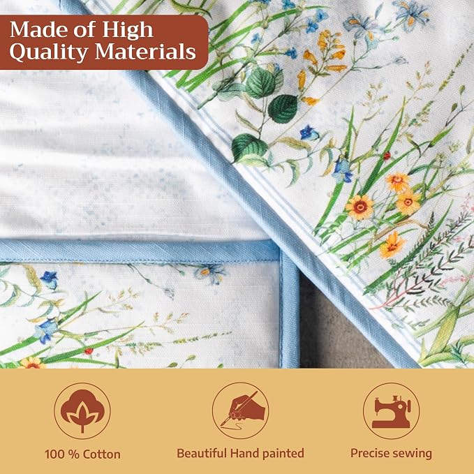 Maison d' Hermine Double Oven Mitts 100% Cotton Double Oven Glove (7"x35") | Heat Resistant BBQ Cooking Gloves with Loop Baking Grilling Kitchen Hotel Home Farmhouse Spring Summer - Fleurs De Mai