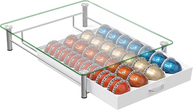 DecoBrothers Crystal Tempered Glass Vertuo Pod Holder Drawer, 28 Large or 56 Small Nespresso Capsule Organizer, White