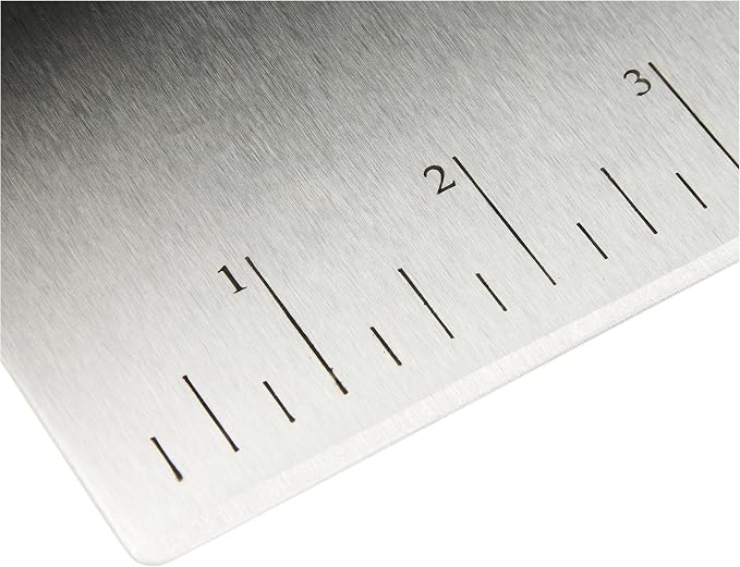 Amazon Basics Multi-Purpose Bench Scraper, Stainless Steel Dough Cutter with Measurement Marks, Dishwasher Safe, Non-slip Contoured Grip, 6", Black, Silver