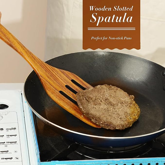FJNATINH Wooden Slotted Spatula for Cooking, Nonstick Teak Slotted Turner, Flat Wooden Kitchen Cooking Spatula Turner for Frying Flipping Kitchen Utensil Pancake
