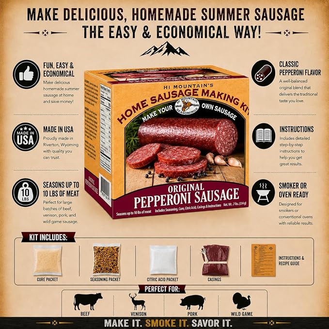 Hi Mountain PEPPERONI Sausage Kit | Complete sausage-making kit with seasoning, cure & 10 casings. Beef, pork, venison, deer, elk. Makes up to 30 lbs