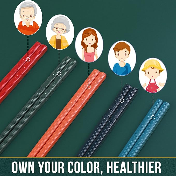 Chopsticks, GLAMFIELDS 5 Pairs Premium Reusable Multicolour Chopsticks for Sushi Japanese Matte Anti-slip Chop Sticks with Gift Case Lightweight Dishwasher Safe, 9.6 Inch