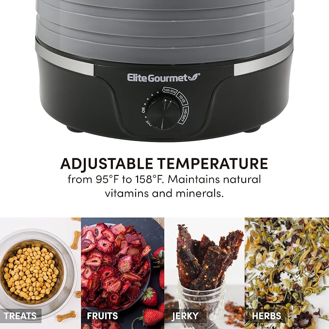 Elite Gourmet EFD319BNG Food Dehydrator, 5 BPA-Free 11.4" Trays, Black/Grey | Adjustable temperature controls - makes jerky, herbs, fruit & veggies into dried snacks - also great for mushrooms