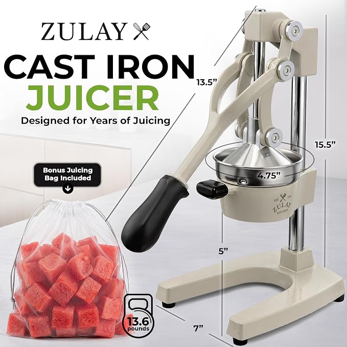 Zulay Kitchen Cast Iron Juicer - Heavy Duty Manual Juicer with Detachable Strainers for Easy Cleaning, Orange Juice Press for Citrus Fruits, Perfect for Bartenders, Juice Lovers & Health Enthusiasts