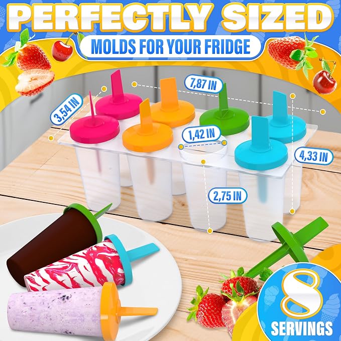 8 Pcs Popsicles Molds Round Set - Reusable Popsicle Molds With Sticks, Multi-Servings & Dishwasher-Safe Popsicle Makers for the Freezer - Ice Pop Mold for Berries, Fruits, Yogurt, Juice & Ice Cream