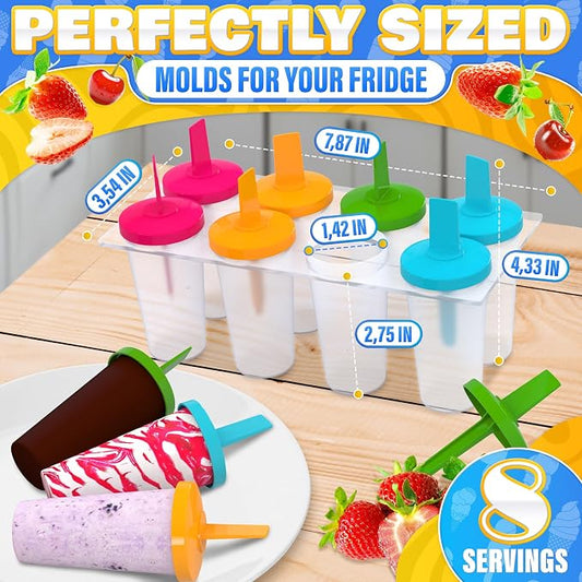 8 Pcs Popsicles Molds Round Set - Reusable Popsicle Molds With Sticks, Multi-Servings & Dishwasher-Safe Popsicle Makers for the Freezer - Ice Pop Mold for Berries, Fruits, Yogurt, Juice & Ice Cream