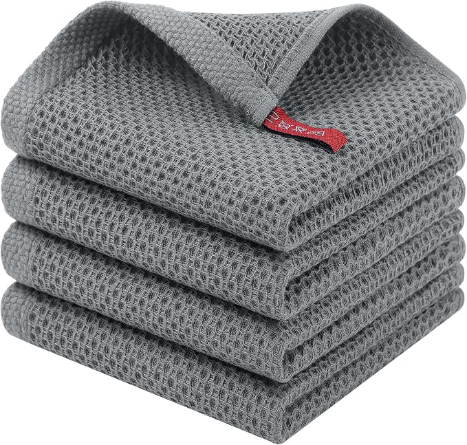 Homaxy 100% Cotton Waffle Weave Kitchen Dish Cloths, 4-Pack, Grey | 12 x 12 Inches, Ultra Soft Absorbent Dish Towels, Quick Drying Dish Rags with Hanging Loop