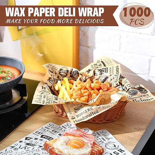 1000 Pcs 12 x 12 Inch Deli Wax Paper Sheets Grease Resistant Tray Basket Liners Newsprint Paper Water and Grease Proof Sandwich Wrapping Square Hot Dog Wrappers for Food Baking (Brown,White)