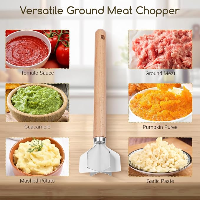 Meat Masher Stainless Steel Meat Chopper, 6-Blade Ground Beef Chopper Tool with 11" Wooden Handle for Hamburger,Turkey & Potato Masher(L, Wood Handle-2pcs)