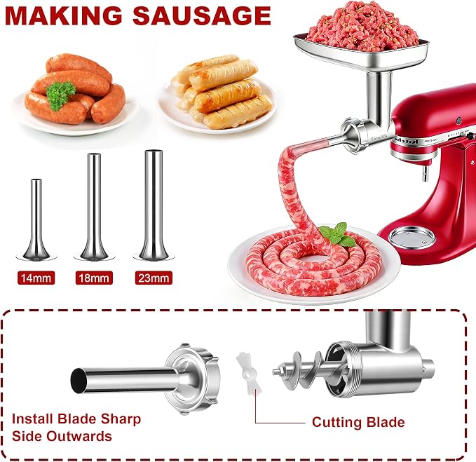 FavorKit Stainless Steel Food Grinder Attachment for KitchenAid Mixers, Dishwasher Safe Meat Processor Accessory Included 3 Sausage Stuffer Tubes