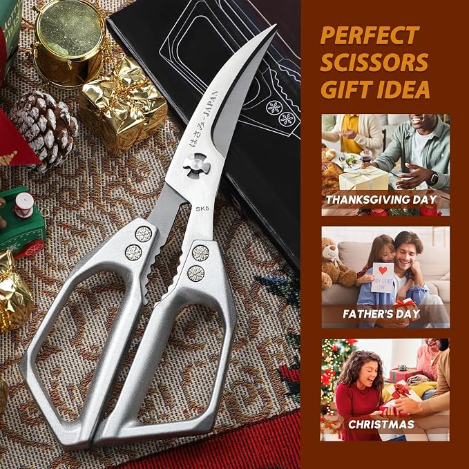 Huusk Kitchen Scissors for Food - Multifunction Kitchen Shears All Purpose | Stainless Steel Seafood Scissors for Meat, Fish, Chicken, Turkey, Ergonomic Non-Slip Silver Handle, Gifts for Women