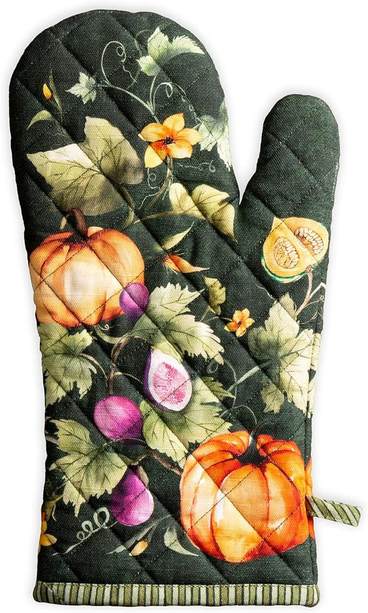 Maison d'Hermine Oven Gloves 100% Cotton Oven Mitt (7" x 13", Pack of 1) | With Loop Heat Resistant BBQ Cooking Gloves Kitchen Handling Hot Pans Thanksgiving Christmas - Pumpkin Garden - Dark Green