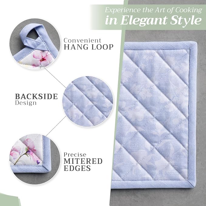Maison d' Hermine Pot Holders 100% Cotton Potholders (8" x 8", Pack of 1) | Heat Resistant Hot Pads with Loop BBQ Cooking Baking Farmhouse Kitchen Handling Hot Pans Spring Summer - Summer Floral