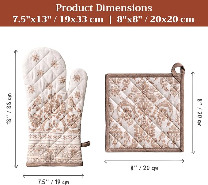 Maison d' Hermine 100% Cotton Oven Mitt & Pot Holder Set (7.5"x13" & 8"x8") | Heat Resistant BBQ Cooking Gloves with Loop Baking Grilling Kitchen Hotel Home Farmhouse Thanksgiving Christmas - Allure