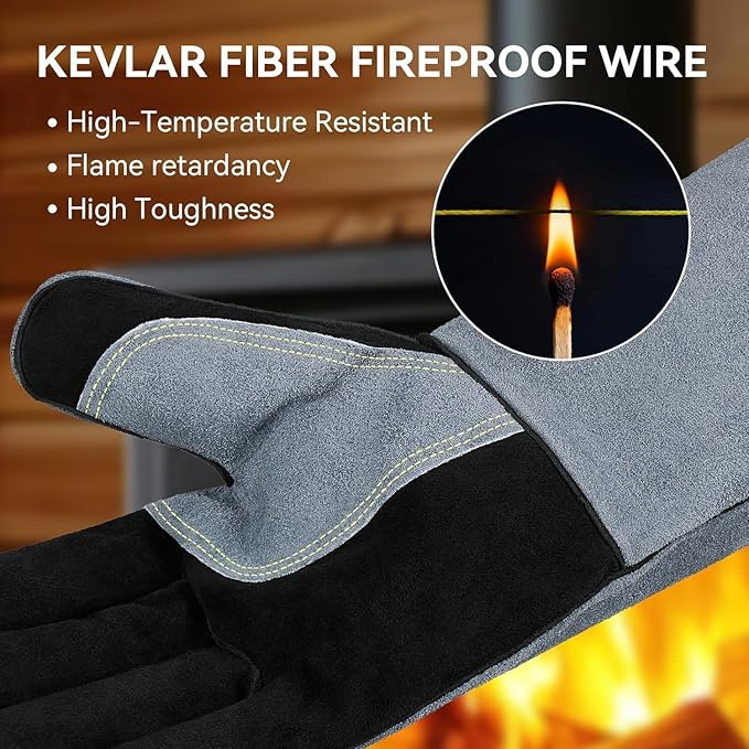 OZERO Welding Gloves, 16 Inch, EN407 Heat Resistant to 932°F, Black-Gray | 1.2 mm Split Leather, Aluminum Heat Shield, Aramid Stitching, Long Cuff, MIG/TIG/Stick welding, Fireplace Fire Pit and BBQ