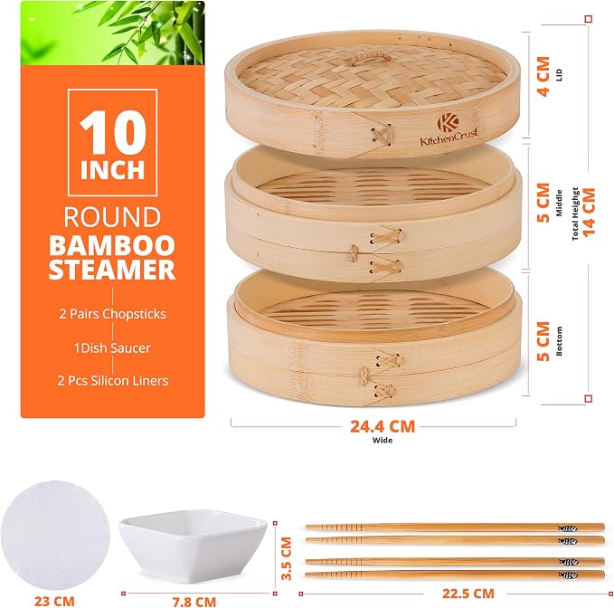 KITCHENCRUST Bamboo Steamer Basket for Chinese Asian Cuisine - 2 Tier 10-Inch Steaming Basket Bun Vegetable Bao Buns, Sauce Dish, Chopsticks, Reusable Liners
