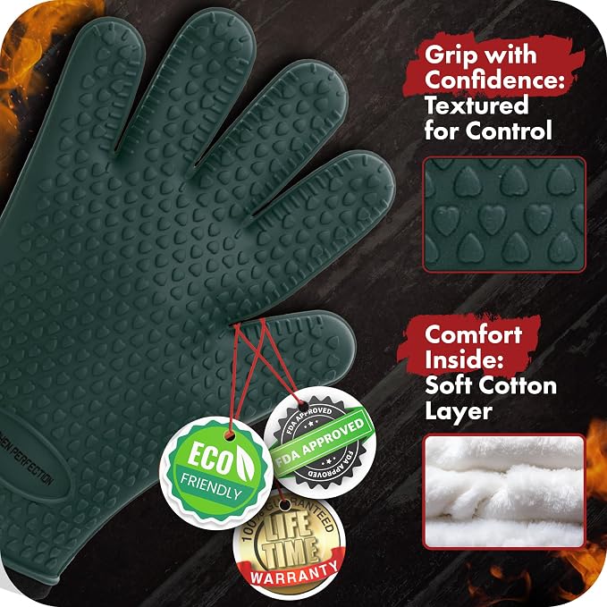 Kitchen perfection XL Silicone Smoker BBQ Gloves -Heat Resistant Oven Mitts | Waterproof, 5-Finger Design For A Better Grip, for Pitmasters, Meat Smoking, Grilling, Cooking, Frying Turkey | Grill Gift