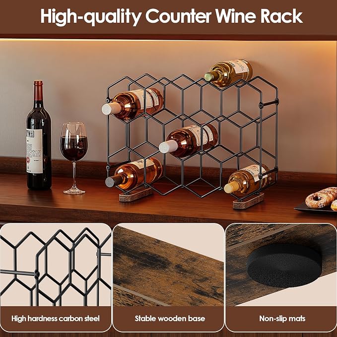 Nuovoware Countertop Wine Rack, 14-Bottle, 3 Tier, Black+Brown | Wine Bottle Organizer Storage, Freestanding Modern Carbon Steel Holder, Hexagonal Structure, for Cabinet, Pantry