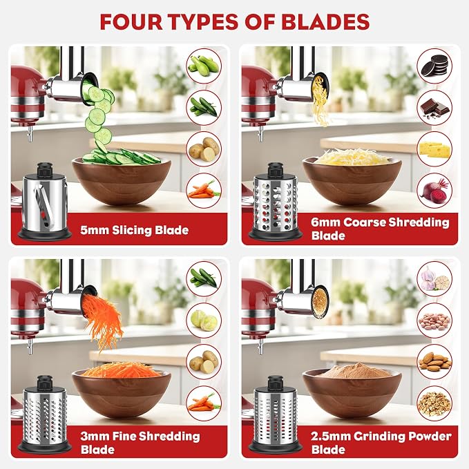 Meat Grinder & Stainless Steel Slicer Shredder Attachment for KitchenAid | Sausage Stuffer, Food Slicer, Shredder, Cheese Grater & Salad Maker, 4 Plates, 4 Blades, Food-Grade Metal, COFUN