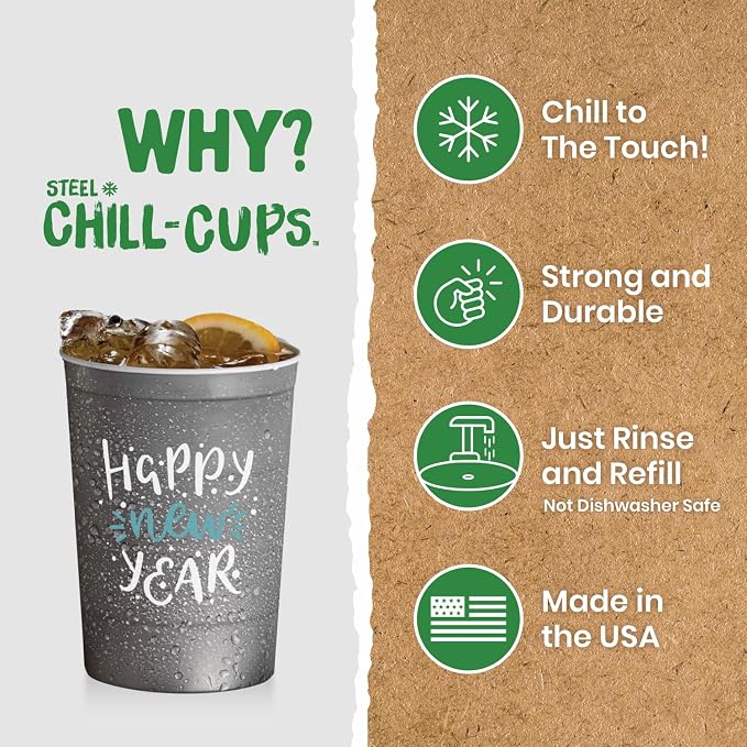 Steel Chill Cups 16 oz. Reusable Party Cups, Happy New Year, 12 Count | Made in USA from Steel these durable cups chill fast & keep your drink cold for longer, 100% recyclable for sustainablity