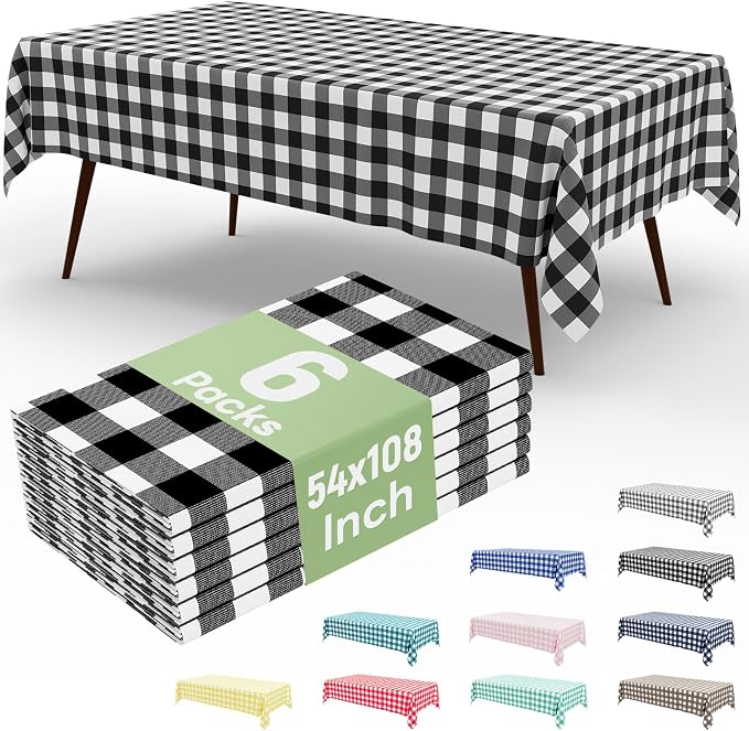 6 Packs Buffalo Disposable Table Cloth, 54 x 108 Inch Waterproof Plastic Tablecloth, Rectangle Black and White Checkered Table Covers for Picnic, Birthday, Party, Back to School