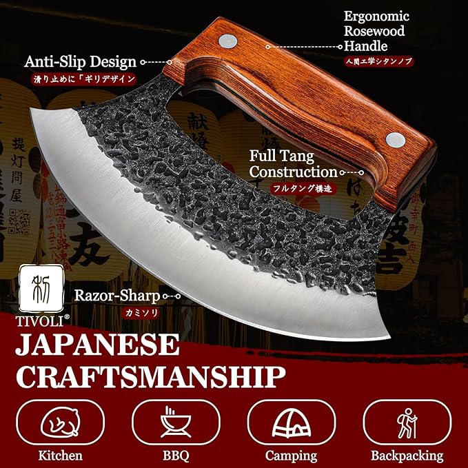 TIVOLI Hand Forged Ulu Knife - Mezzaluna Rocker Knife - Pizza Cutter | Anti-stick Pounding Texture, Full Tang, Rosewood Handle, Belt Sheath, Gift Box, for Kitchen, Camping, BBQ