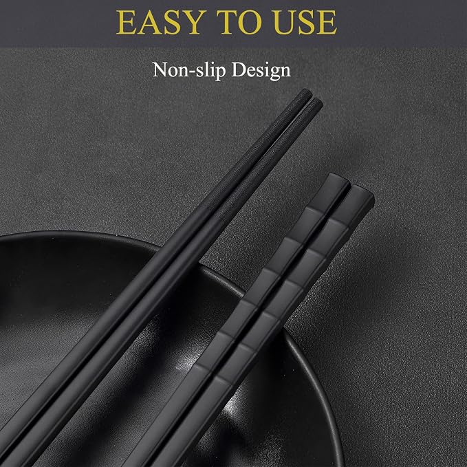 Panda Chopsticks With Rest Gift Set, 2PC Black | Dishwasher Safe, Reusable Fiber Glass Chopsticks, Porcelain Cute Panda Chopstick Holder, Non-slip, Chinese Japanese Style