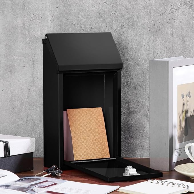 Yaocom Metal Money Box,Black,10.2 x 5.7 x 3 Inch,with Lid | Wall Mounted Drop Donation Cash Box for Farm Stand Collection Safe Suggestion Box with Lock Container for Home Office Outdoor
