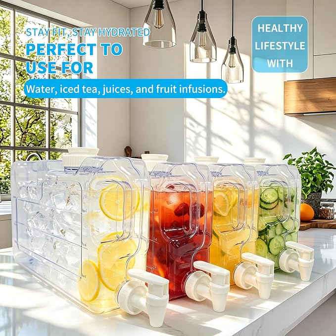 Refrigerator Water Dispenser 1.1 Gallon, Plastic Beverage Dispenser with 2 Spigots,Leak-Proof, Easy-Grip Handle & Easy-Pour Spout, Refillable Container for Fridge, Kitchen, Juice, Daily Use