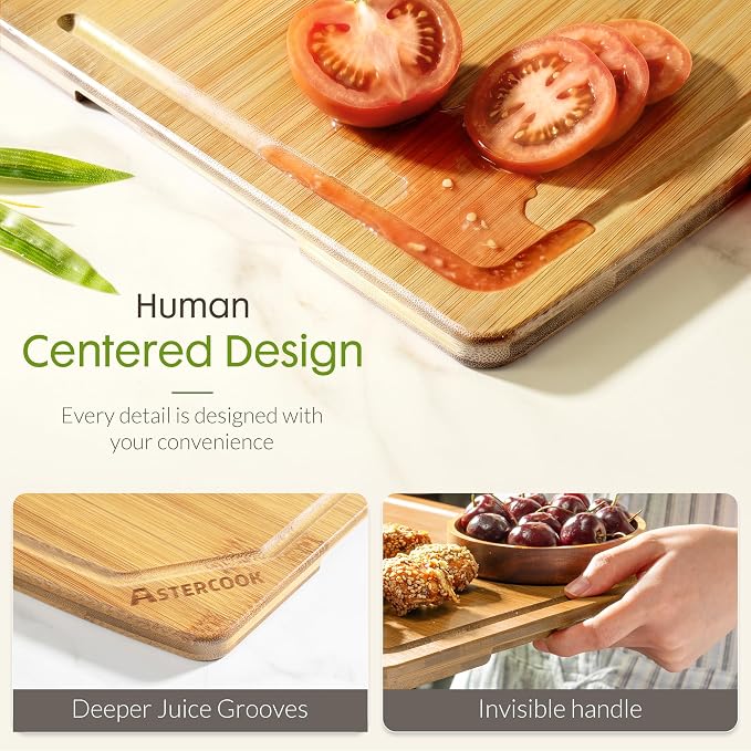 Astercook Large Bamboo Cutting Board, Natural Bamboo Chopping Board with Juice Groove and Easy-Grip Handle, Wooden Kitchen Board for Meat, Vegetables, Bread, Fruit and Charcuterie