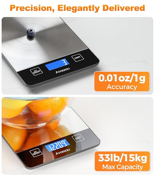 Atogou Food Scale - 33lb Digital Kitchen Scale Ounces Grams, Rechargeable & Full-View Display, Water-Resistant, Batteries or USB-C Charging, Stainless Steel, for Cooking, Meal Prep, Package (Grey)
