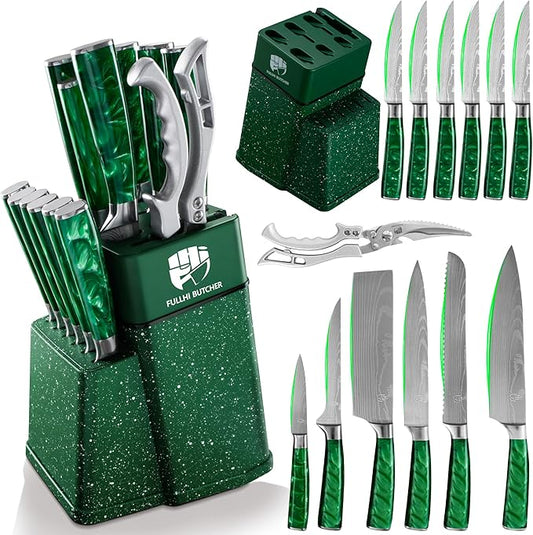 FULLHI 14pcs Block Knife Set, Chef's Knife Steak Knives Set with Block and Sharpener, Kitchen Knife Set, Multi-colour Handle, Gifts for Men Women