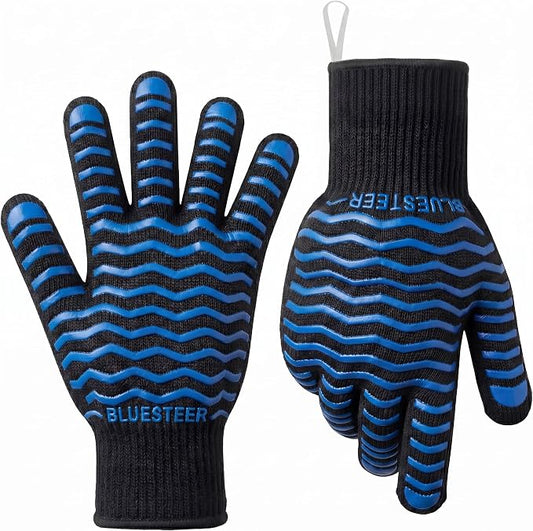 BBQ Gloves 1472°F Heat Resistant Oven Gloves with Fingers Heat Proof Grill Gloves Non-Slip Silicone Oven Mitts for Kitchen Cooking Grilling Baking Smoking