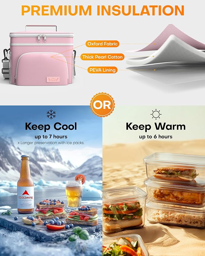 HOTOR Insulated Lunch Box Men Women Leak-Proof Cooler Lunch Bag 9L | 4 Pockets, Adjustable Strap, Ideal for Work, Picnic, Travel, Camping, Gift, Pink