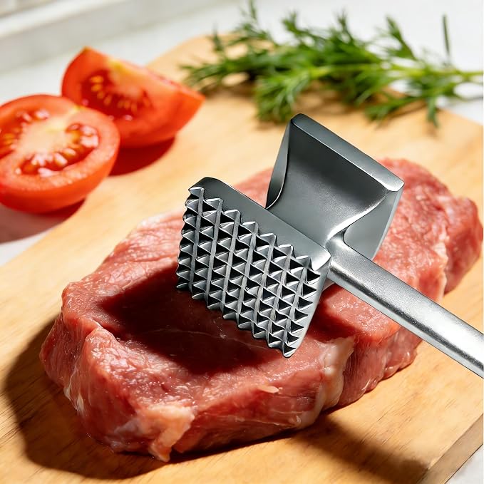 Aluminum Meat Tenderizer Hammer, Dual-Sided Meat Mallet with Grip | Dual-sided aluminum meat tenderizer with textured and smooth sides for tenderizing, flattening, and crushing meats and foods