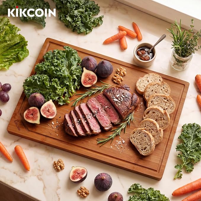 Kikcoin 17”×11” Deep-Carbonized Bamboo Cutting Boards for Kitchen, Healthy Wooden Cutting Boards for Kitchen, Charcuterie, Vegetables, Extra Large Chopping Boards with Deep Juice Groove and Handle