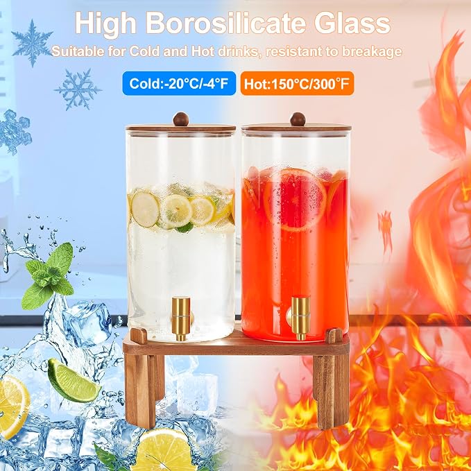FavorFlavor 1.5 Gallon Drink Dispenser: 2P Glass Dispenser w/Wood Stand | 6L large Capacity-Stainless Steel Spigot-Beverage Container for Lemonade/Juice/Sun Tea-Ideal for Home Gatherings&Party Drink